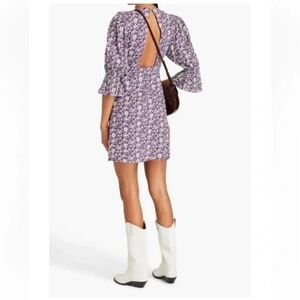 Make Purple Cutout Floral Linen Blend Bishop Sleeve Mini Dress Size 10 (42)